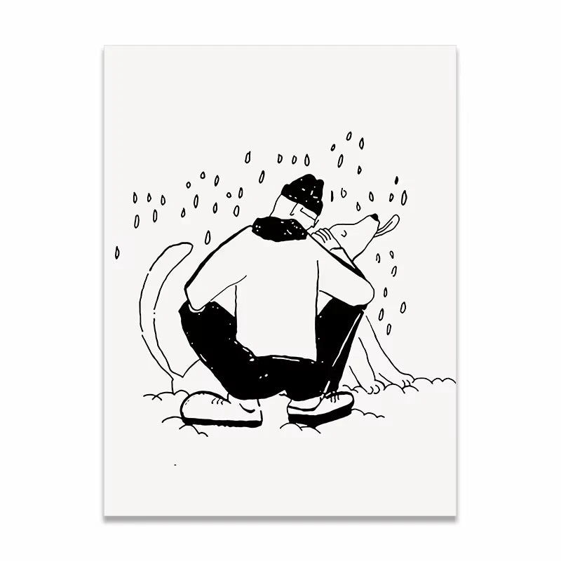 A minimalist black and white line art print depicting a person crouching in the rain with a dog, shown as a vertical poster against a white background.