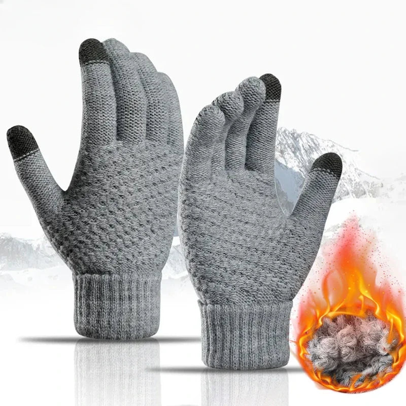 Pair of gray gloves with touch screen tips on a white background, with an inset showing a close-up of the insulating material.