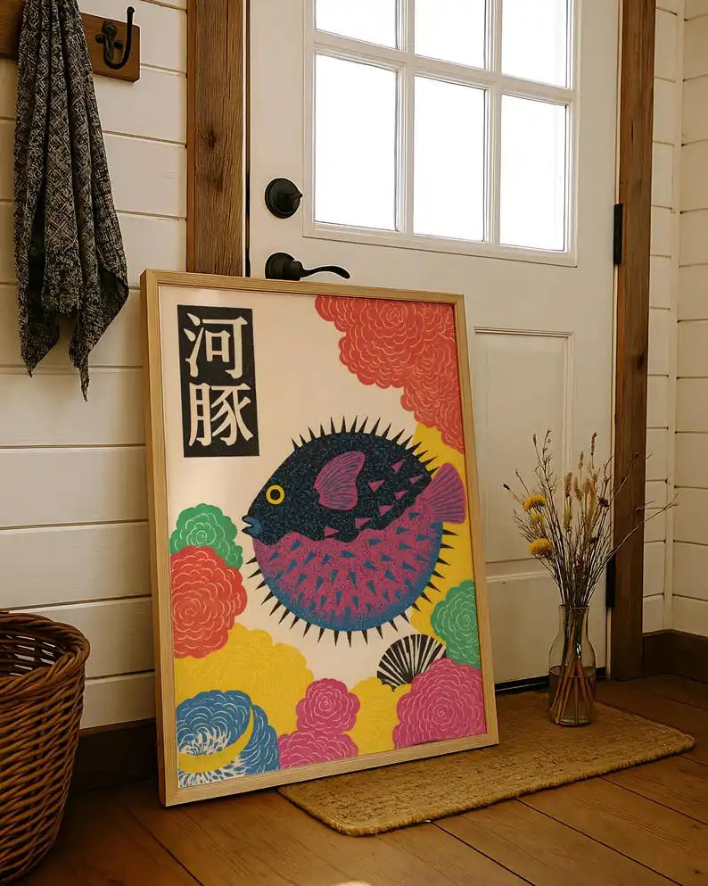 Colourful Japanese-inspired puffer fish canvas artwork featuring a dark blue and pink fish surrounded by stylised coral, yellow and teal flowers, displayed in a light wooden frame.