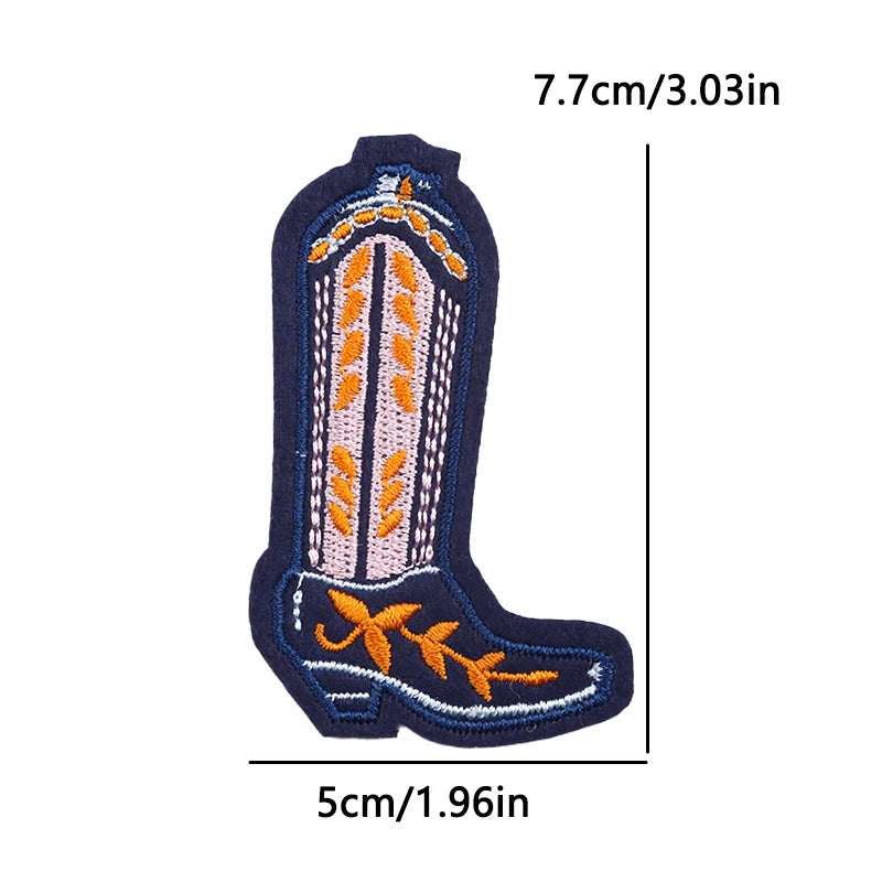 Embroidered cowboy boot patch with measurements on a white background