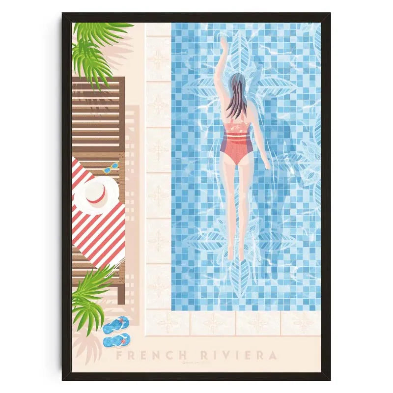 Framed artwork of a woman in a pool with 'French Riviera' text