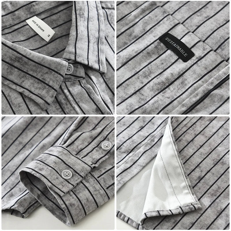 Men’s vintage striped long sleeve shirt with turn-down collar in Coffee/Grey Close up view of collar and sleeves