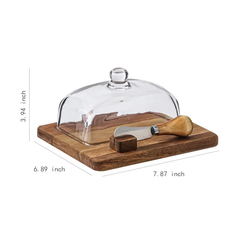 Acacia wood butter dish with clear glass dome and serving knife