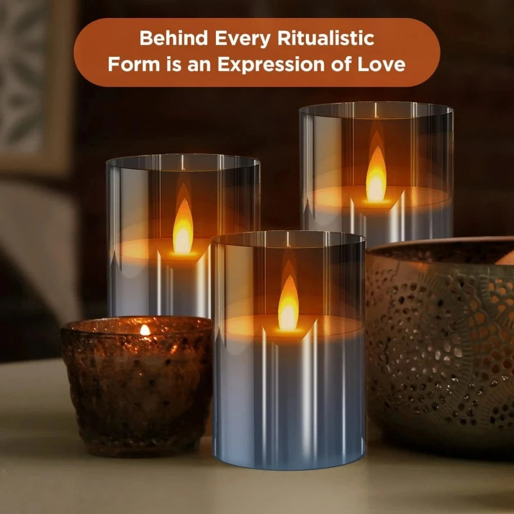 Candle holders with lit candles on a blurred background, text overlay about expression of love.