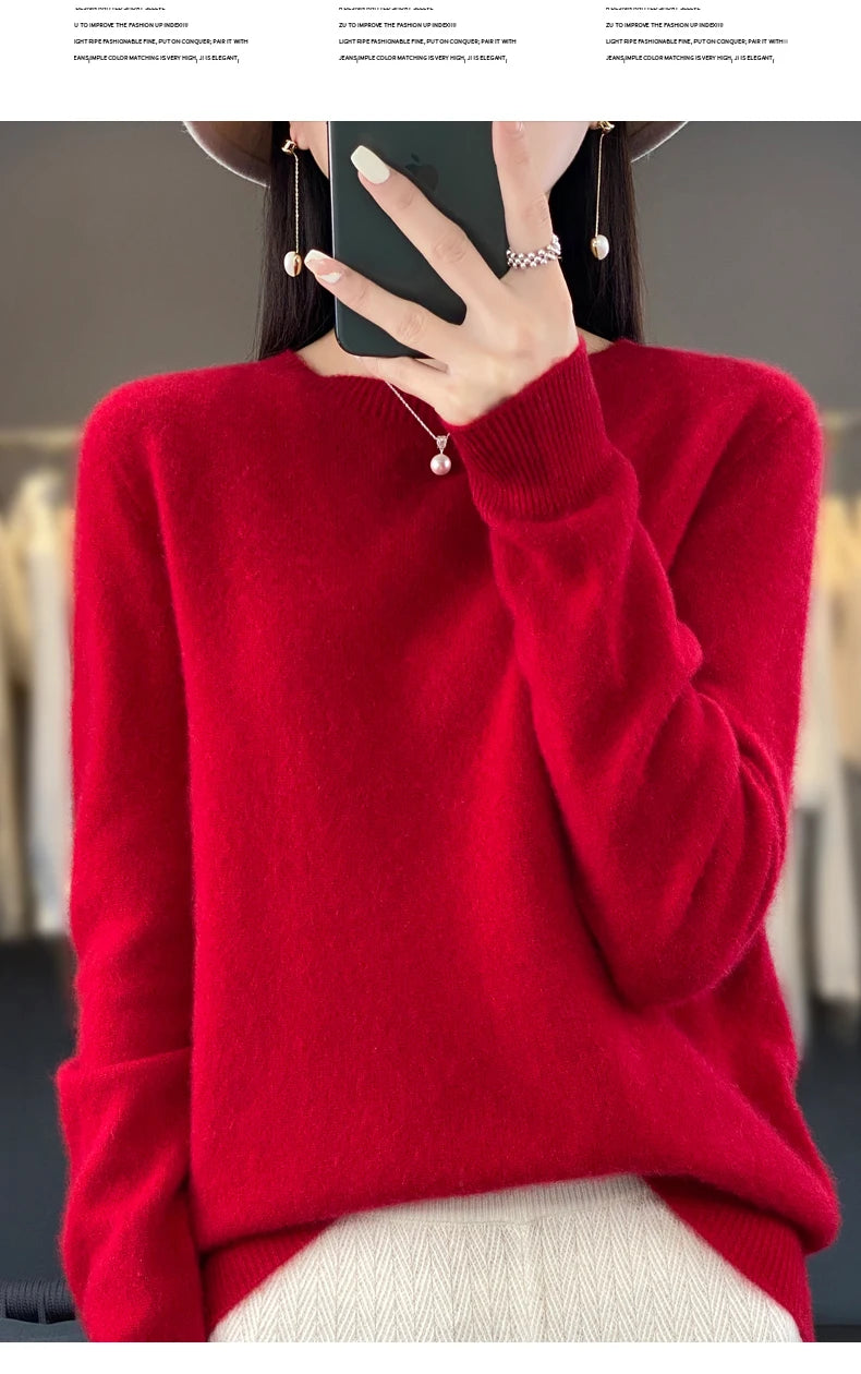 100% Merino Wool Women’s Sweater – Soft Cashmere-Feel O-Neck Pullover, Autumn/Winter Warm Knit Top (14 Colours)