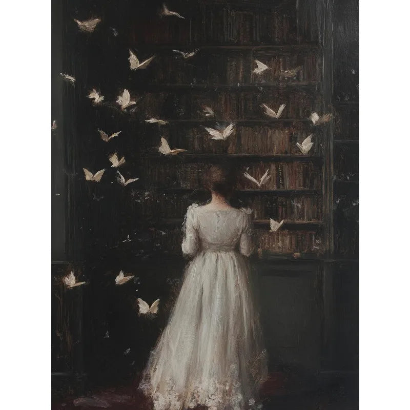 Woman in a white dress standing in a library with butterflies around her