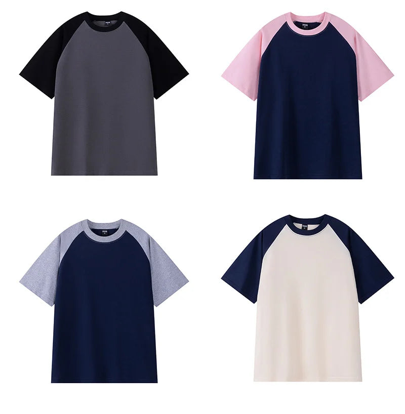 Four different styles of baseball tees with various color combinations on a white background.