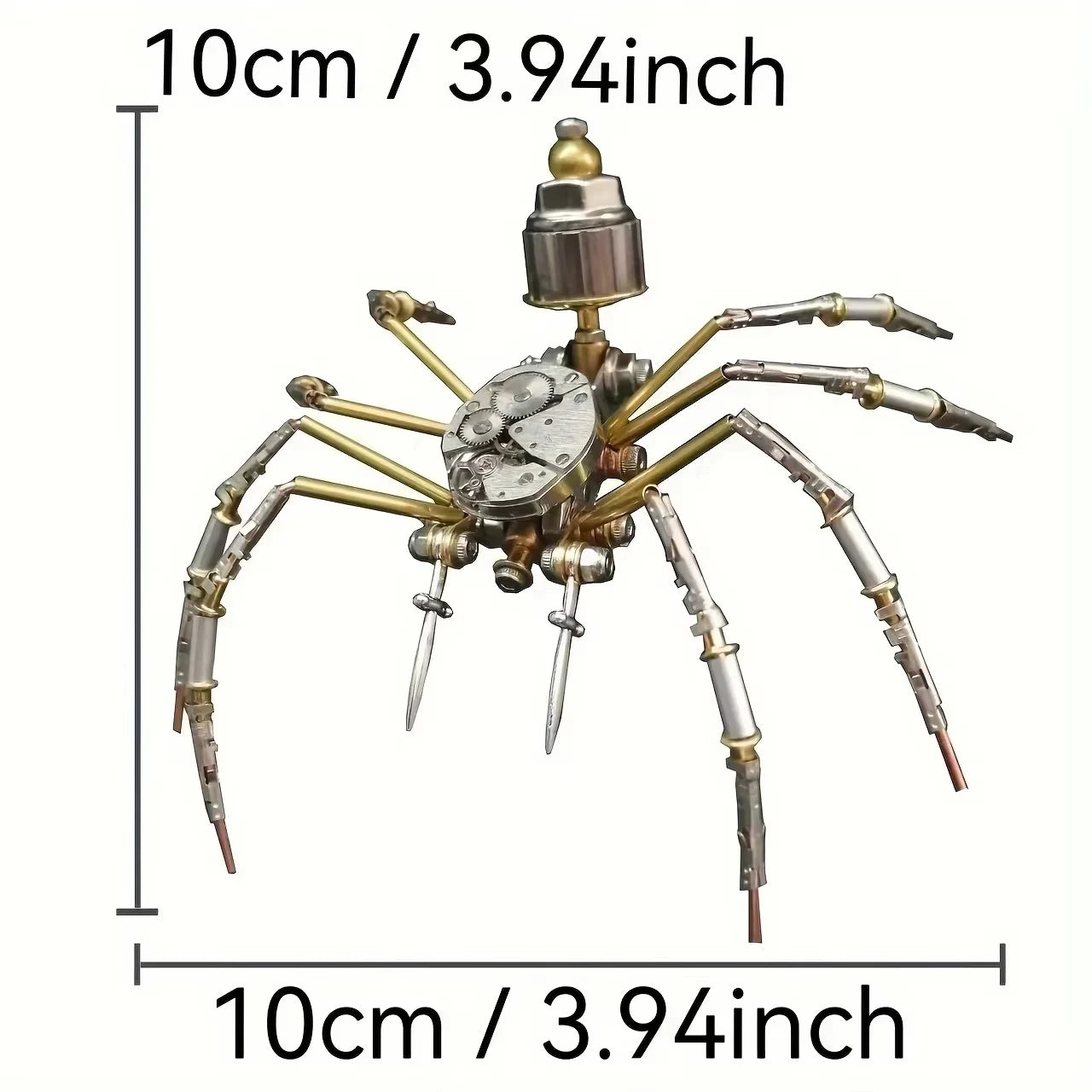 Steampunk spider sculpture with clockwork details and measurement labels on a white background