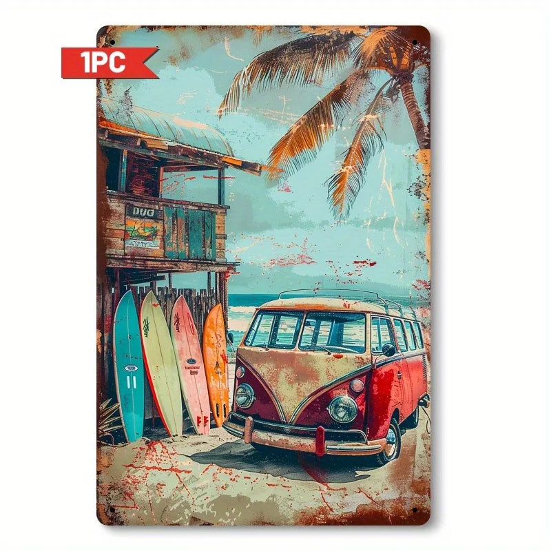Vintage surf van metal sign with palm trees and surfboards in retro beach style