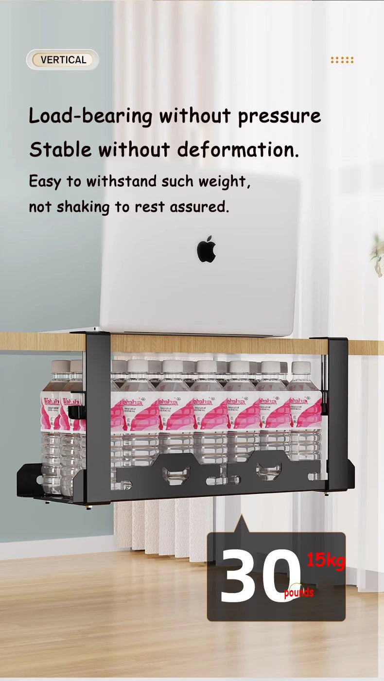 Storage rack with bottles on a wooden surface, text about load-bearing and stability.