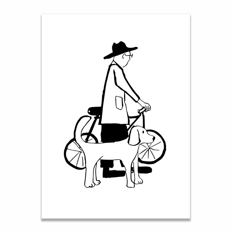 A minimalist black and white line art print depicting a man in a hat riding a bicycle with a dog on a leash, shown as a vertical poster on a white background.