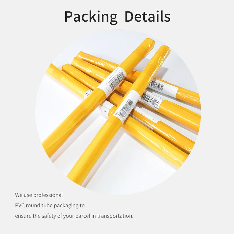 Yellow PVC round tubes with labels on a white plate, labeled 'Packing Details'.