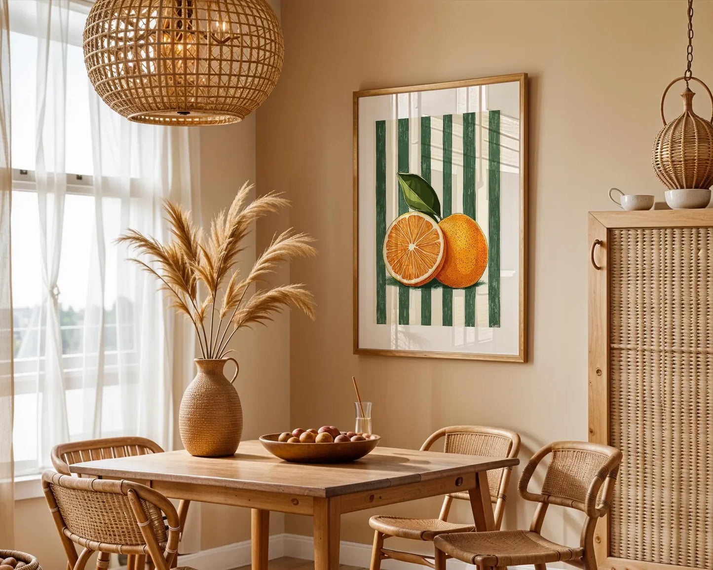 Dining room with wooden table, chairs, and a decorative painting of oranges on the wall.