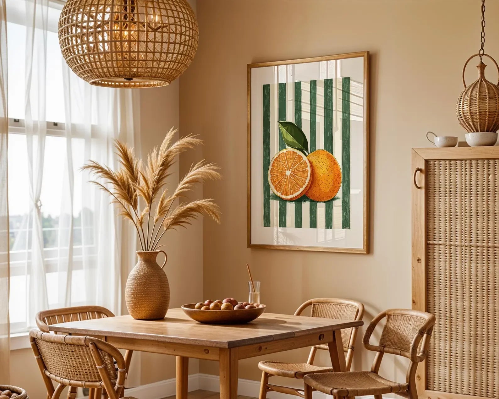 Dining room with wooden table, chairs, and a decorative painting of oranges on the wall.