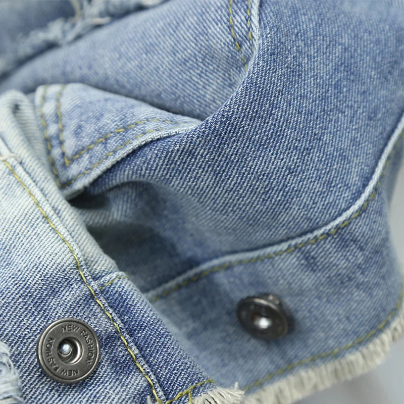 Men’s Fringed Denim Jacket – Casual Loose Fit with Pocket Detail