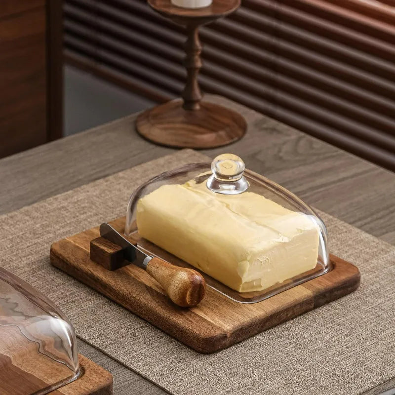 Acacia wood butter dish with clear glass dome and serving knife