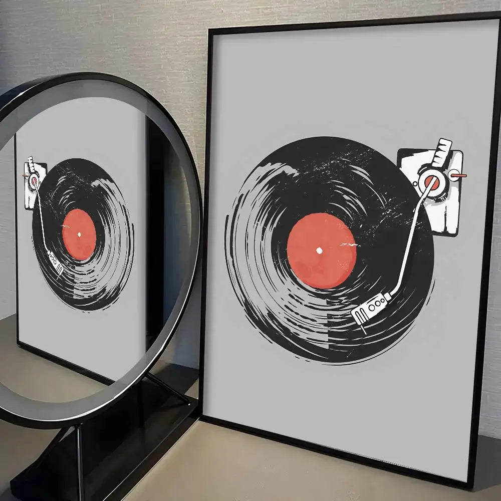 Framed artwork of a vinyl record with a turntable on a light gray background
