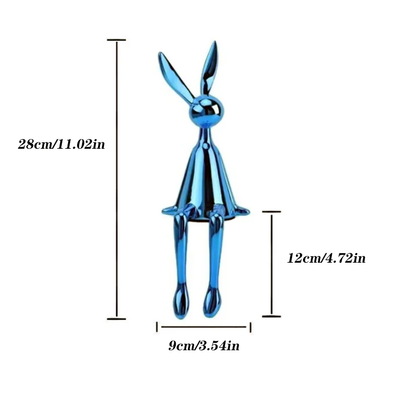 Blue metallic rabbit-shaped object with dimensions labeled on a white background