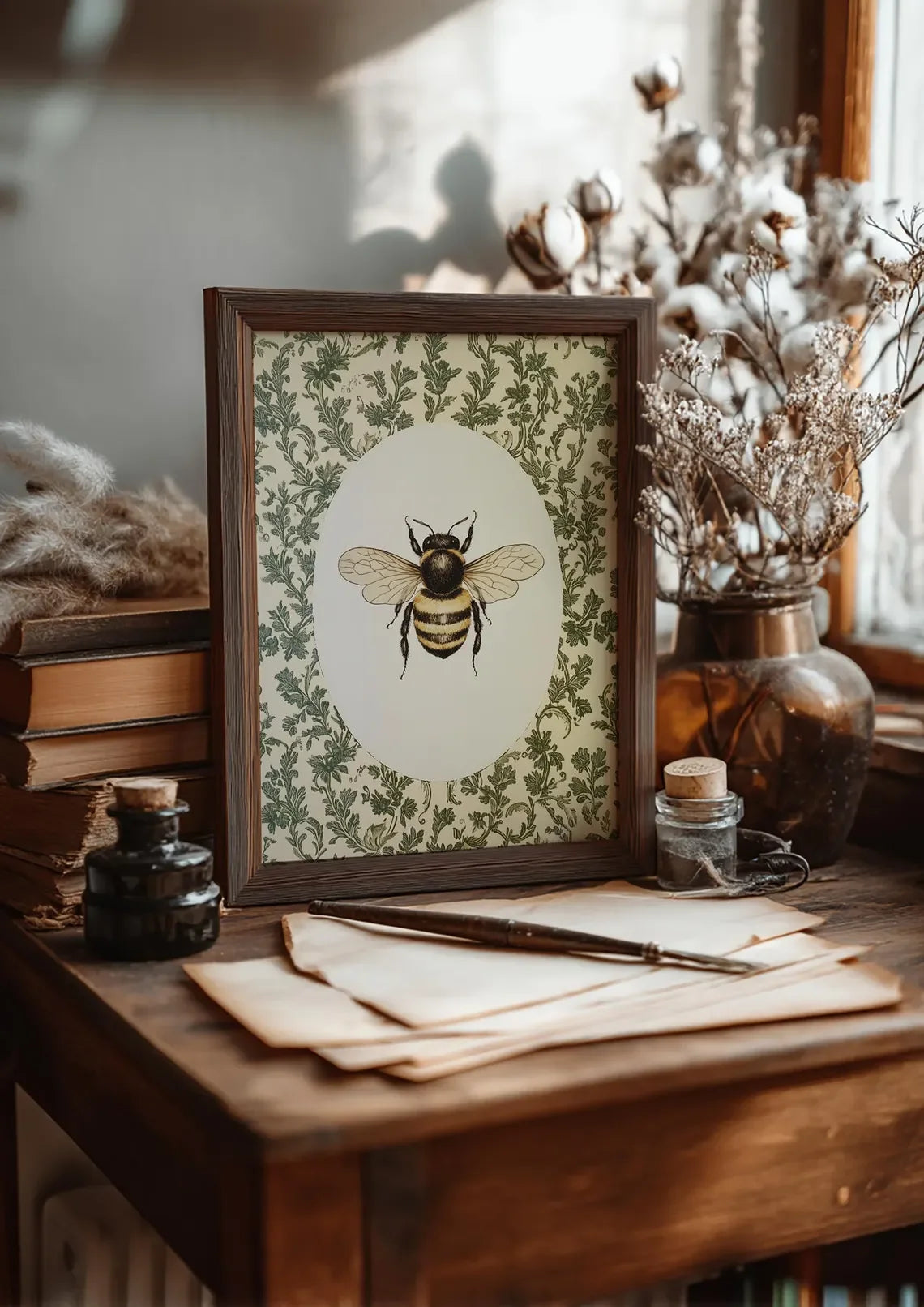 Framed illustration of a bee on a wooden desk with books and decorative items.