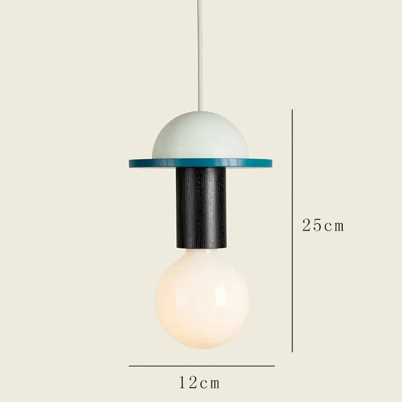 Pendant light with dimensions labeled on a beige background