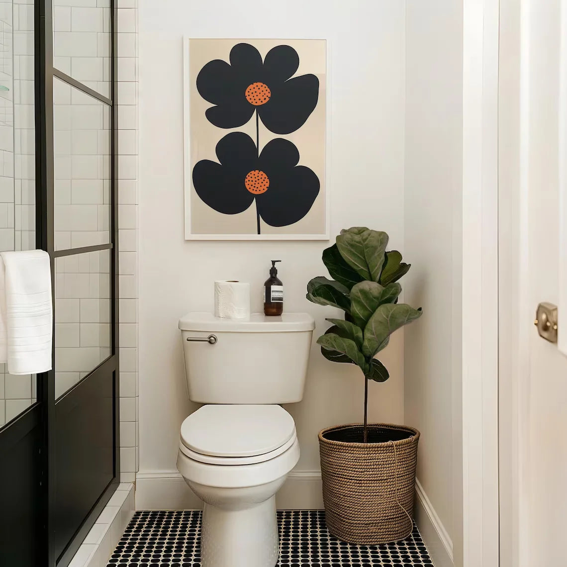 Mid-century modern black floral canvas art print with orange polka-dot centres in minimalist Scandinavian style