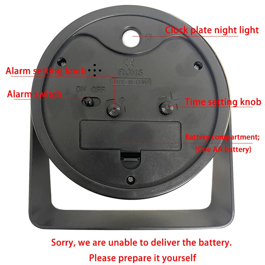 Back view of a clock with labeled components on a white background