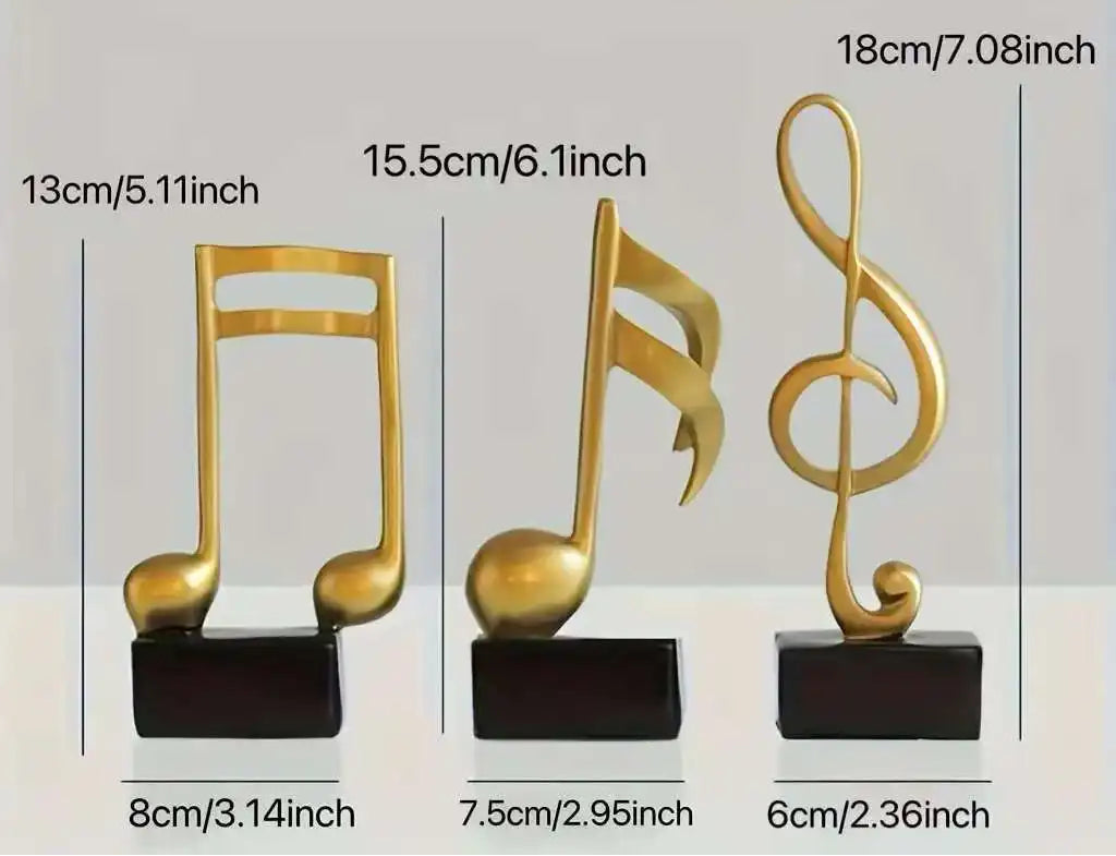 Set of three modern resin musical note sculptures with black bases displayed as contemporary home décor, available in black, white and gold finishes.