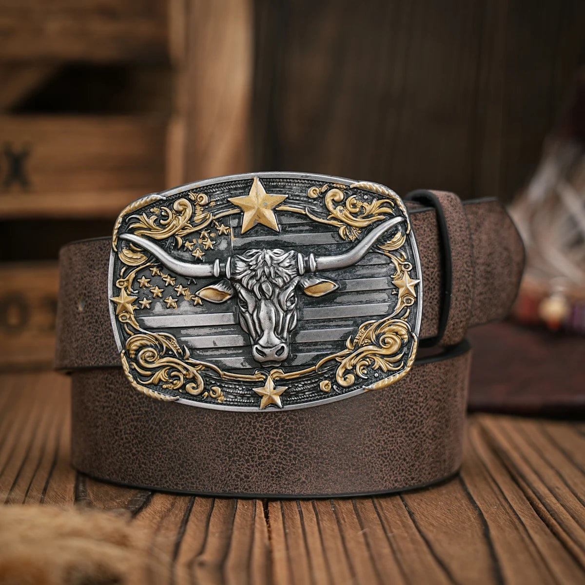 Unisex Western Style PU Leather Belt with Vintage Bull Head Buckle