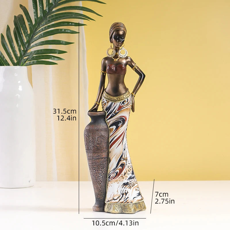 Decorative statue of a woman holding a vase with measurements on a yellow background