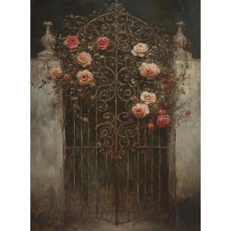 Decorative metal gate with flowers against a plain background
