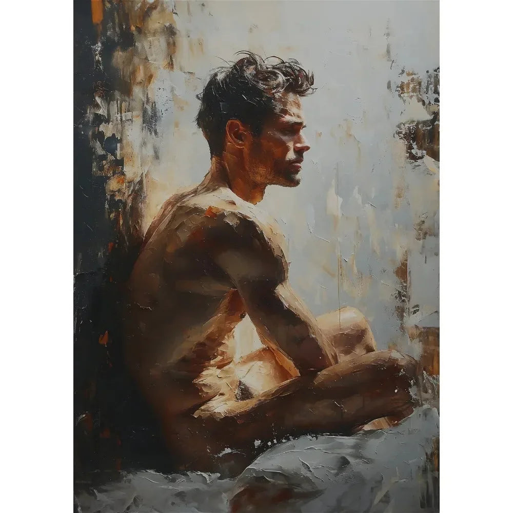 Artistic depiction of a shirtless man sitting against a textured wall.