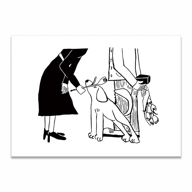 A minimalist black and white line art print depicting a woman in a dark dress bending down to pet a dog next to a table, shown as a rectangular poster on a white background with a subtle drop shadow.
