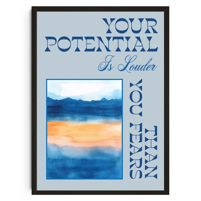 Framed motivational poster with blue and orange abstract design and text on a light blue background