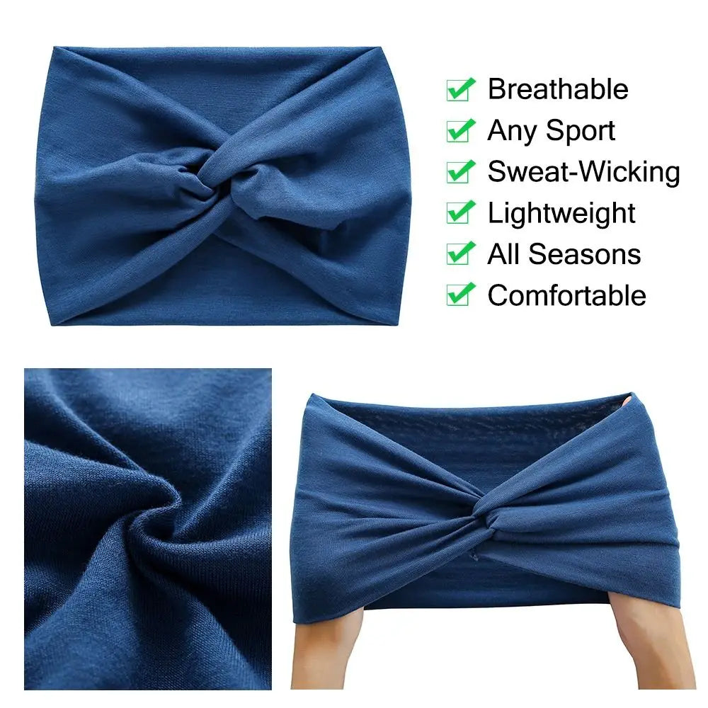 Blue headband with features listed on a white background