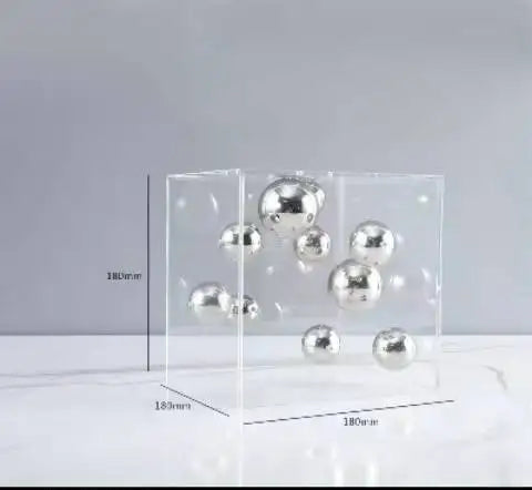 Floating Metallic Sphere Sculpture – Modern Acrylic Cube Ornament