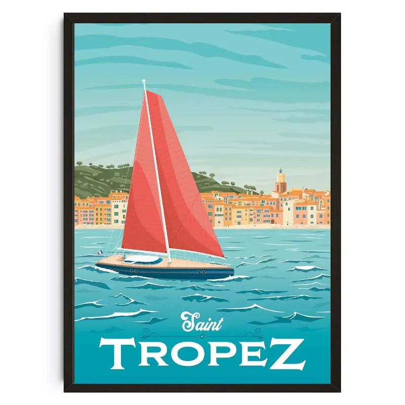 Poster of a sailboat with red sails in Saint Tropez
