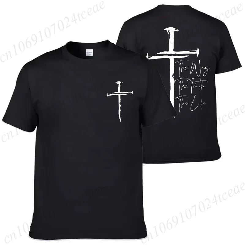 Black t-shirt with white cross design and text on front and back