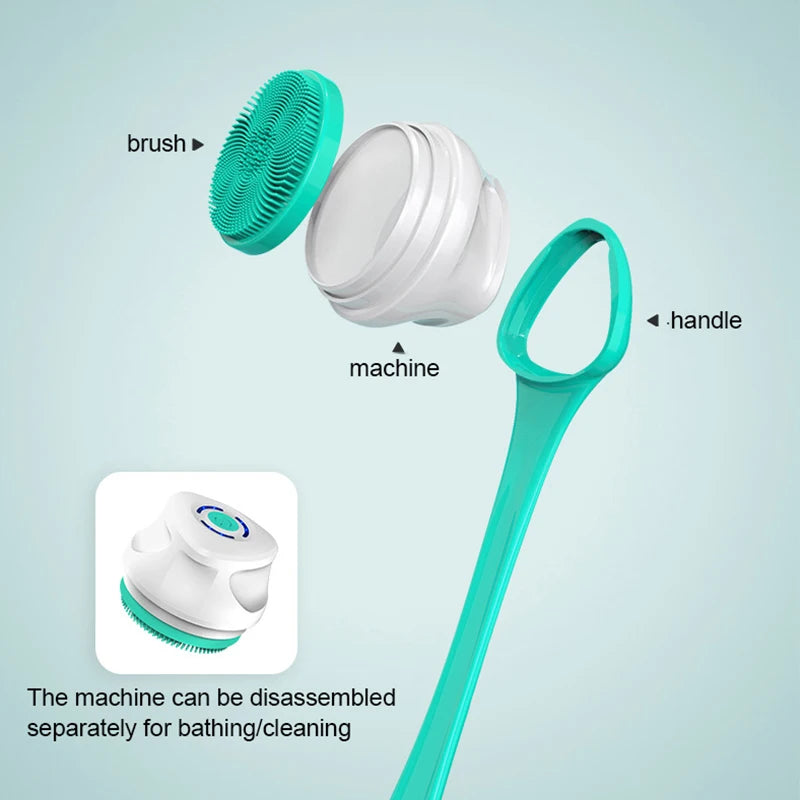 Teal and white cleaning brush with labeled parts on a light blue background