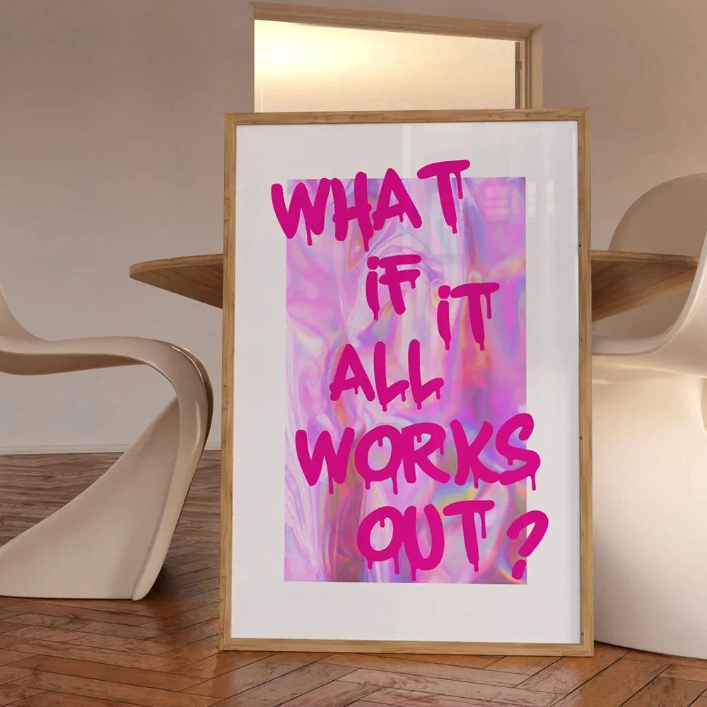 Framed poster with motivational quote 'What if it all works out?' on a table.