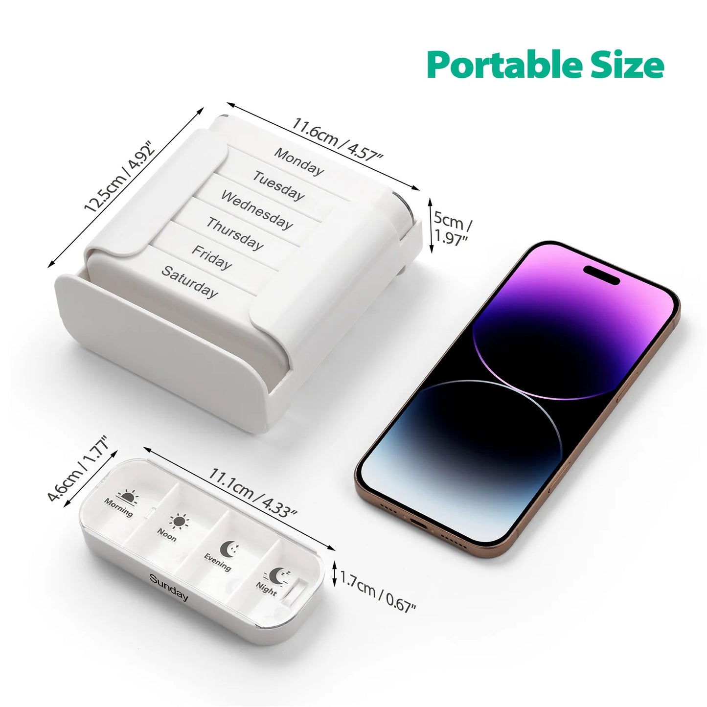 White electronic device with dimensions labeled next to a smartphone on a white background