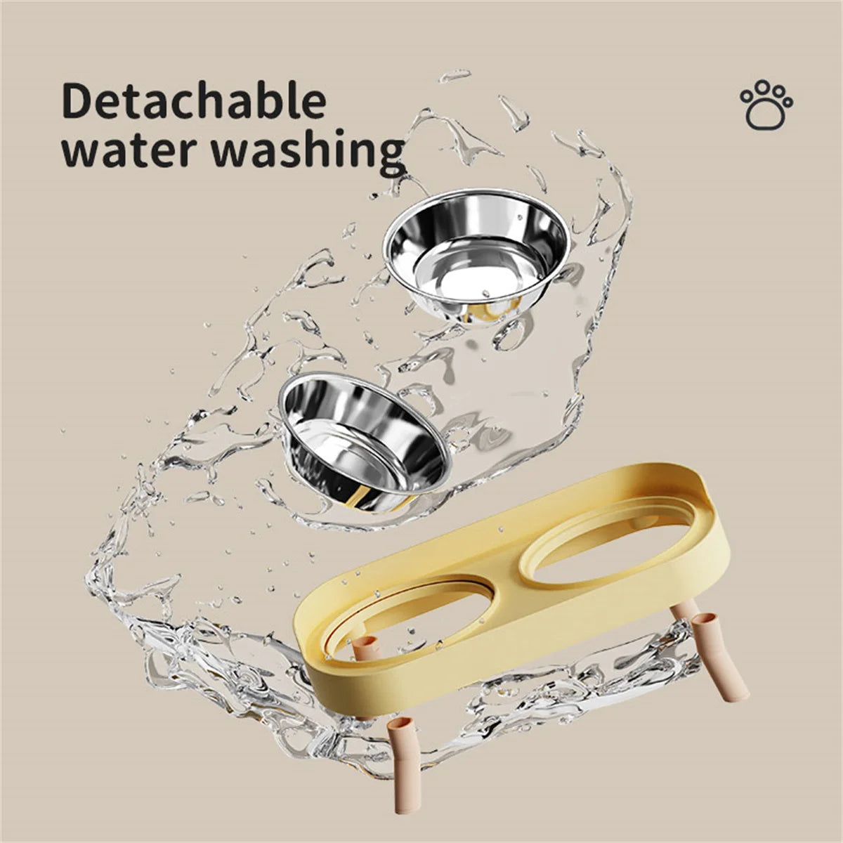 Detachable water washing system with two metal bowls and a yellow base on a beige background.