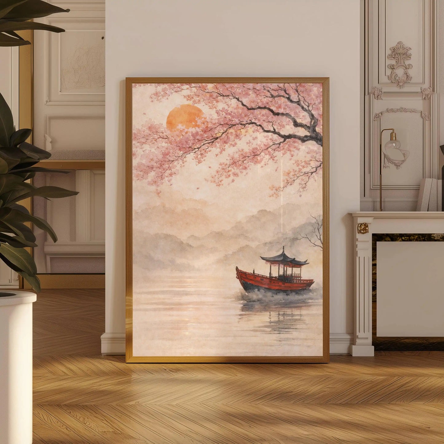 Framed artwork of a cherry blossom tree and boat in a room with wooden floor and decorative wall.