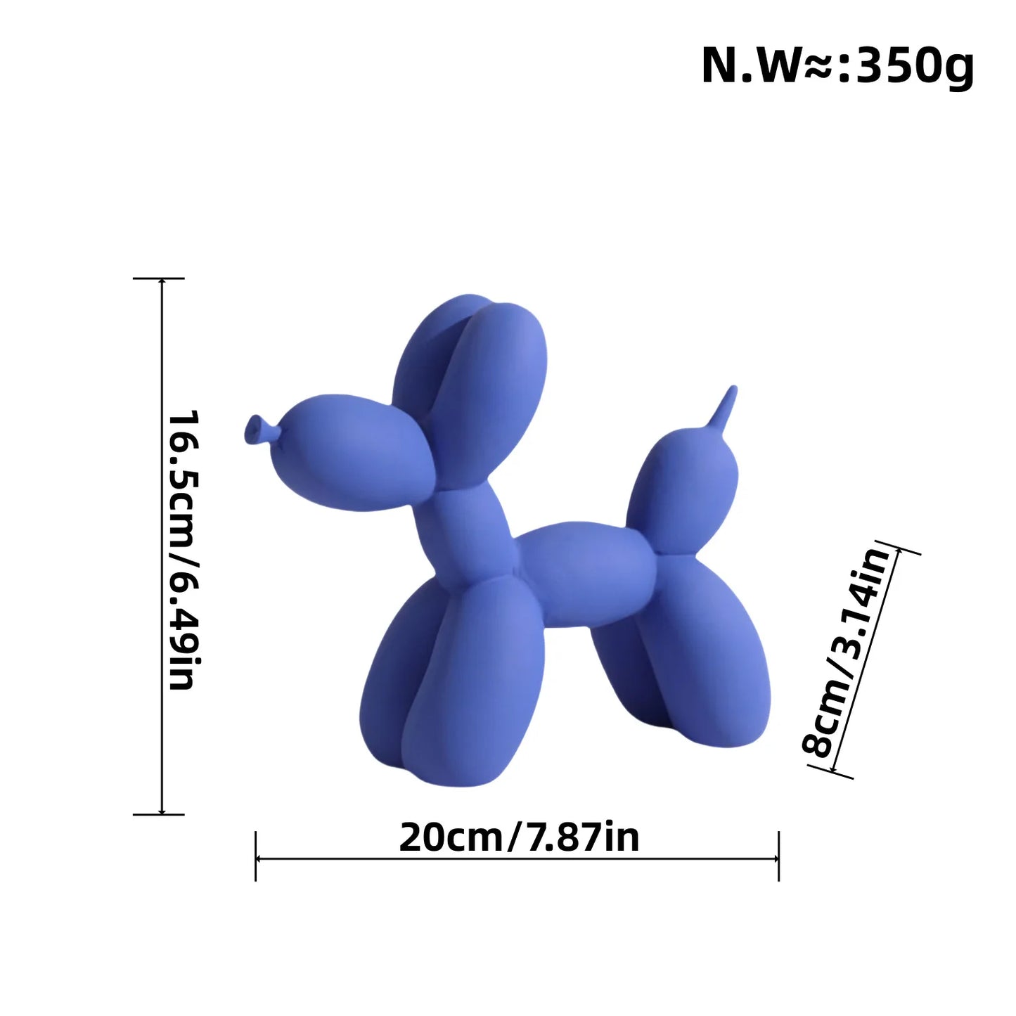 Blue balloon dog figure with measurements and weight on a white background