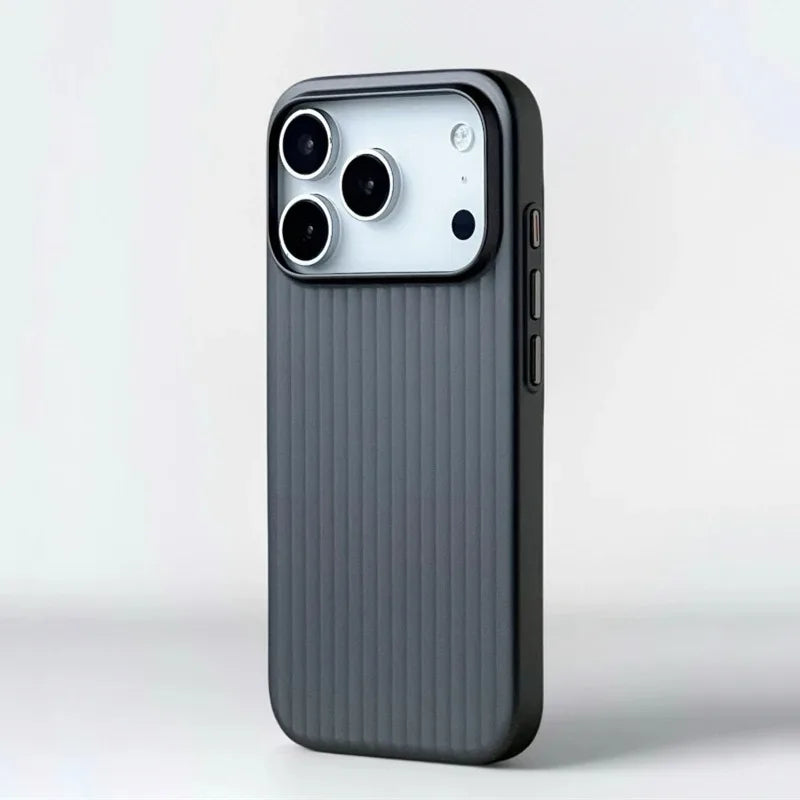 Black phone case with a textured pattern on a light gray background