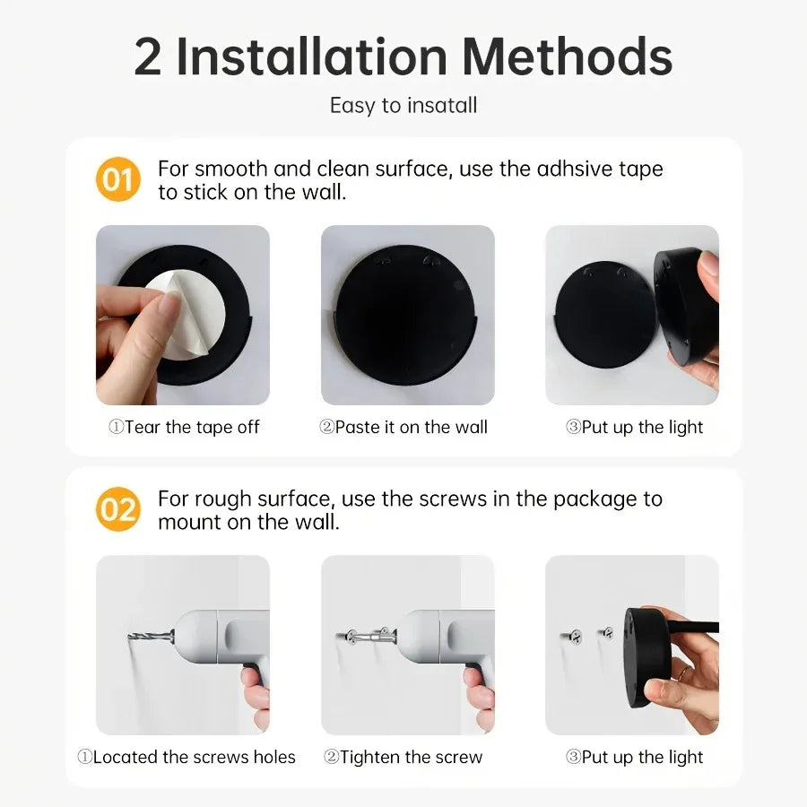 Instructions for installing a light fixture using adhesive tape or screws on a white background.