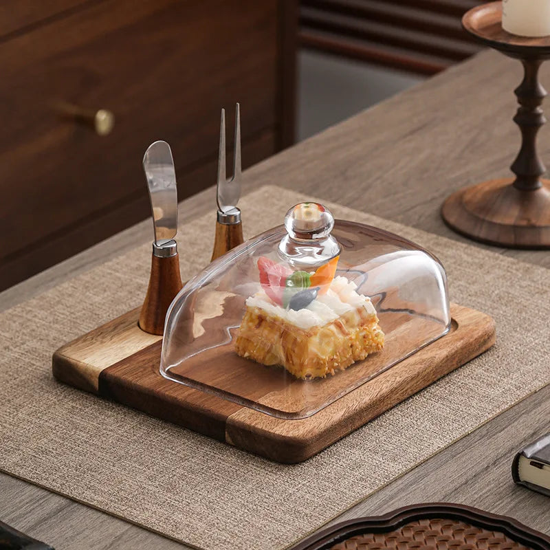 Acacia wood butter dish with clear glass dome and serving knife
