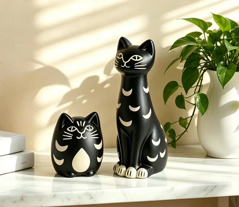 Two black cat figurines with white crescent moon and facial details, displayed on a white marble surface next to a potted green plant with dappled sunlight and shadows.