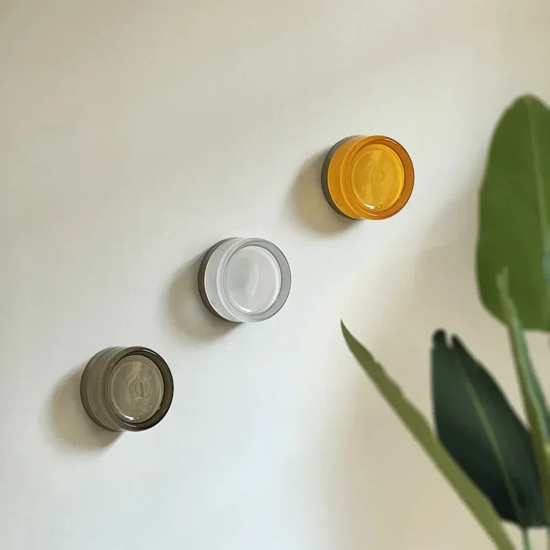 Three circular wall hooks in different colors on a white wall with a plant in the corner.