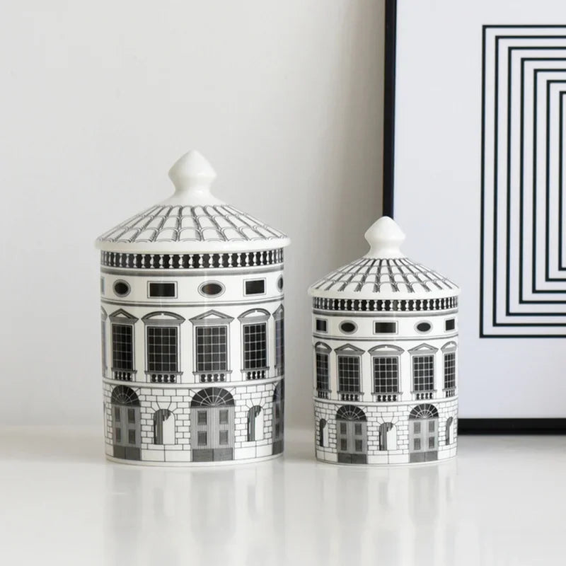 Black and white architectural ceramic storage jar with a decorative lidded design, ideal for storing jewellery, cotton pads and small accessories while adding a stylish accent to modern interiors.
