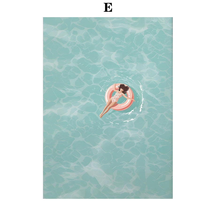 Person floating on a pink inflatable ring in clear blue water
